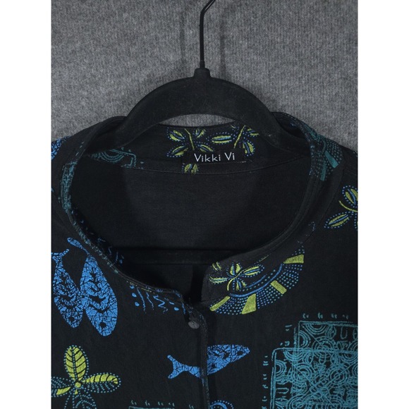 Vtg Vikki Vi Womens 2X Slinky Knit Blouse Black Fish Print Button‎ Front 90s Y2K - Picture 3 of 12